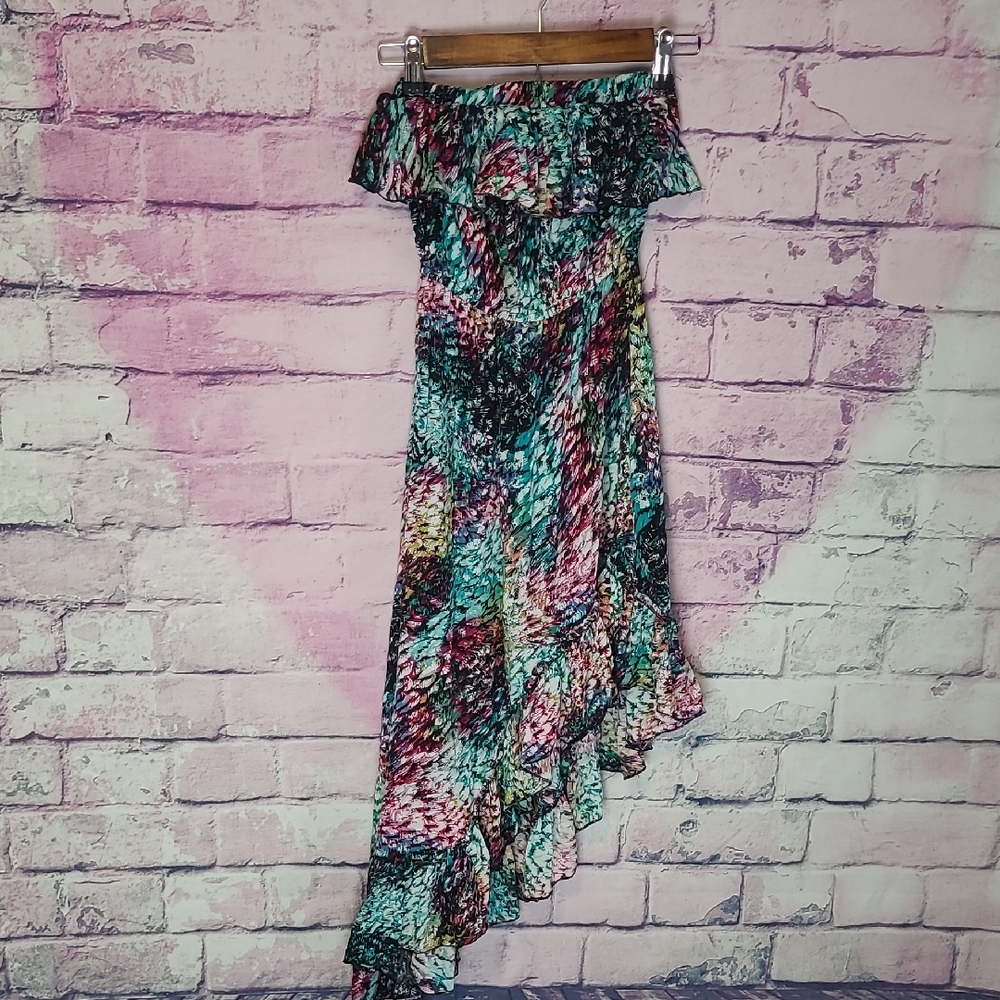 POETRY RUFFLE TUBE TOP STRAPLESS ASYMMETRIC BOLD WATERCOLOR ABSTRACT DRESS SMALL